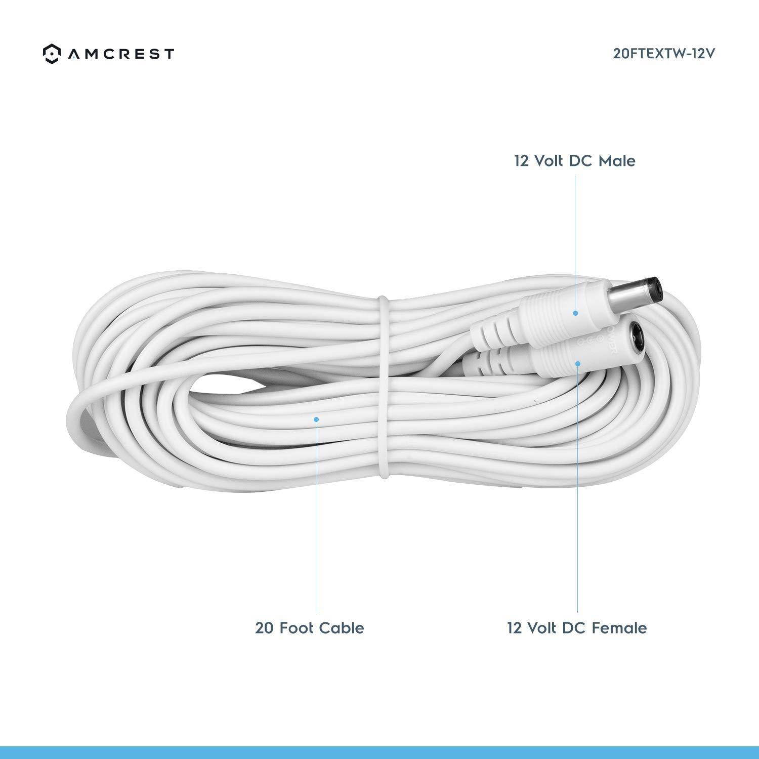 Amcrest Universal 12V DC Power Extension Cable (20ft) for Power Supply/Adapter / Outdoor Security Cameras, Compatible with All CCTV/IP Camera Brands, 5.5mm DC Plug, 20 Feet, White (20FTEXTW-12V)