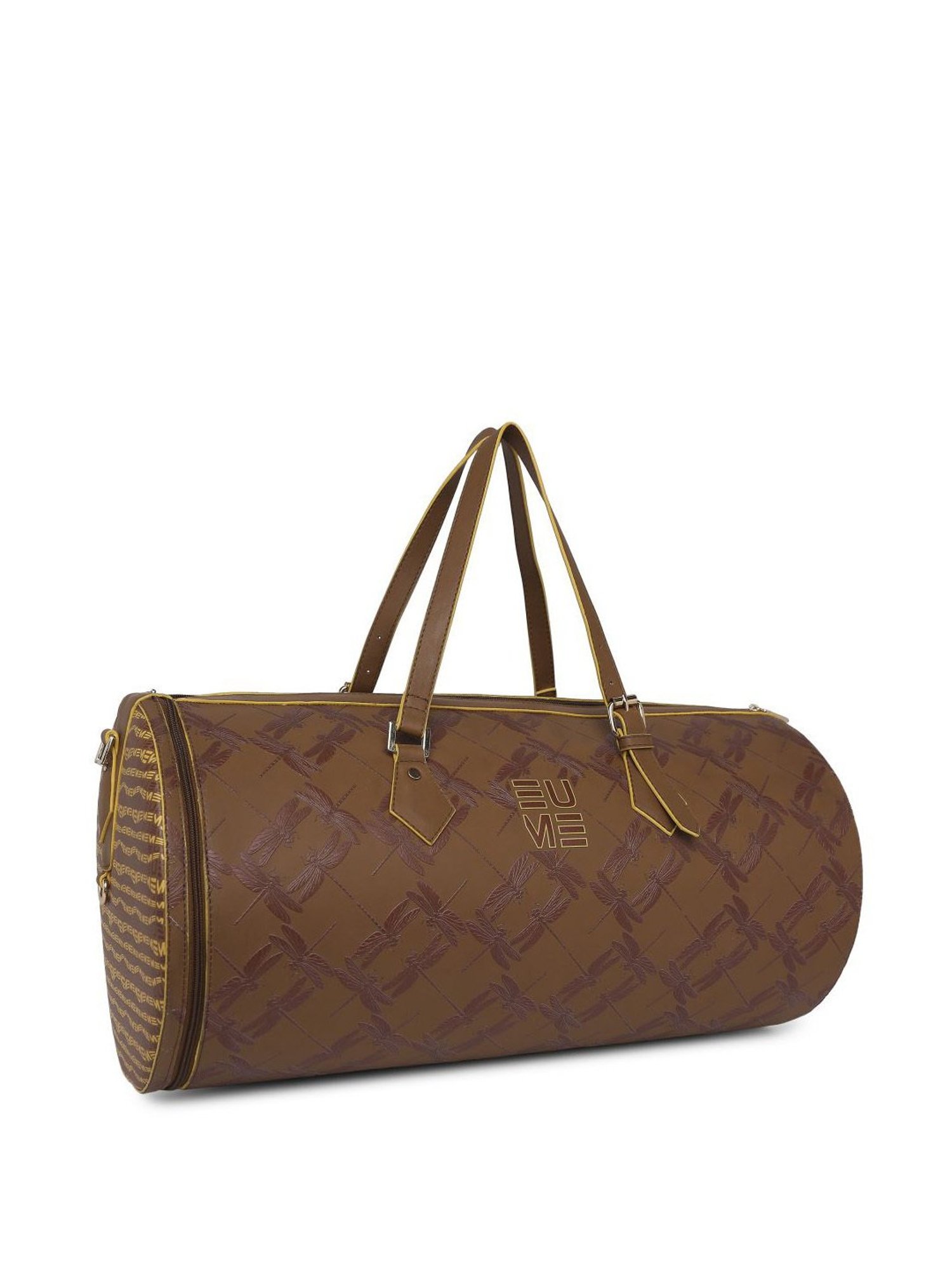 Eume Dragonfly Rubber Brown Leather Printed Duffle Bag