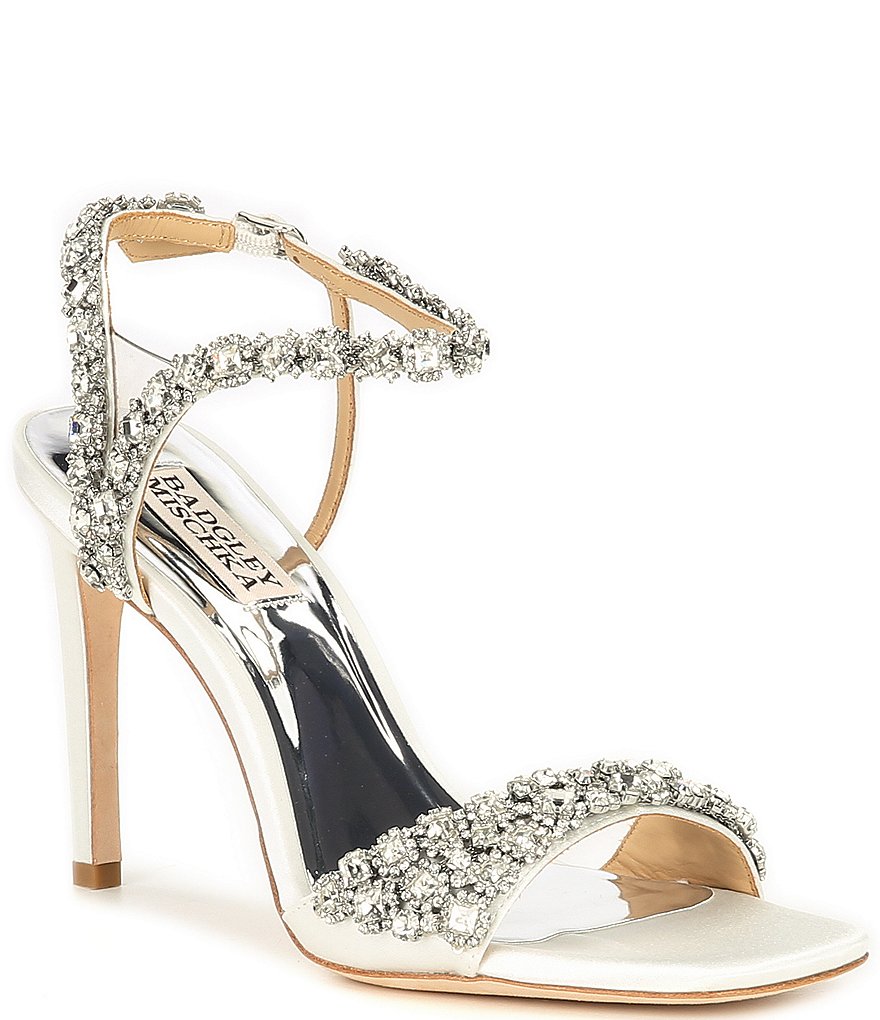 Badgley Mischka Galia Square Toe Crystal Jeweled Satin Dress Sandals