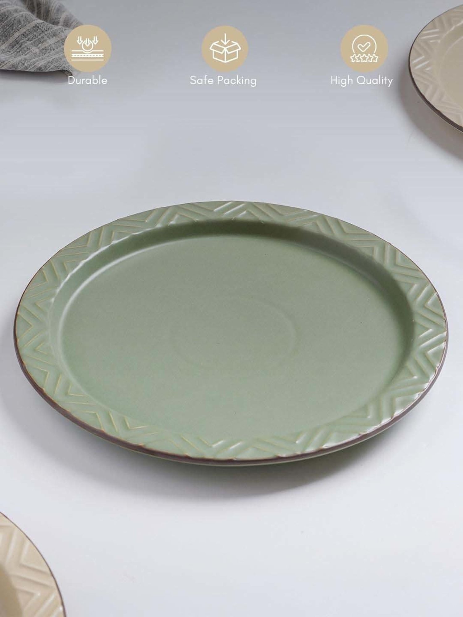 Nestasia Green Colored Textured Rim Fine Ceramics Dinner Plate, Microwave-Safe, 10-inch