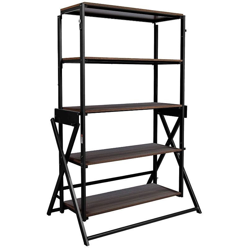 Origami 2 in 1 Multifunctional 52 Inch Tall Wooden Display Storage Shelf To 60 Inch Long Table Desk Unit for Indoor and Outdoor Spaces, Black/Walnut