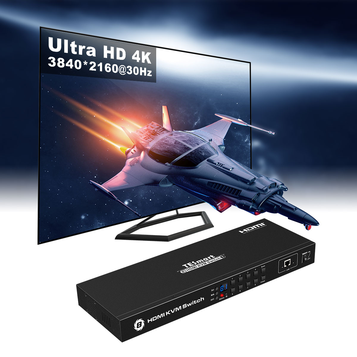 TESmart 4K UHD 8 Ports Inputs HDMI KVM Switch, Control up to 8 Computers/Servers, USB 2.0 Device, RS232/ LAN Port Control Switch, Rack Mount Switch with 4 Pcs 5ft/1.5m KVM Cable