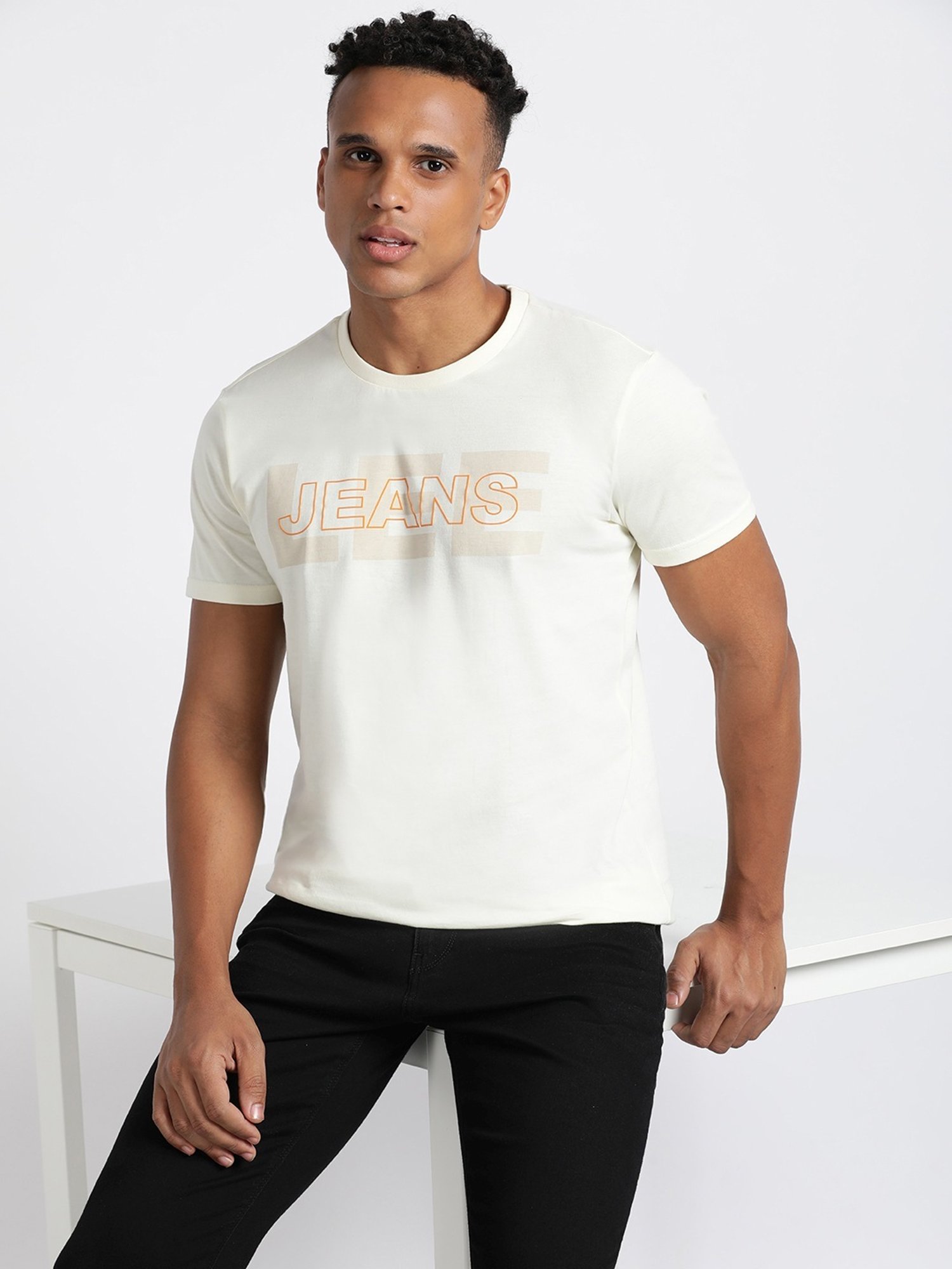 Lee White Cotton Slim Fit Printed T-Shirt