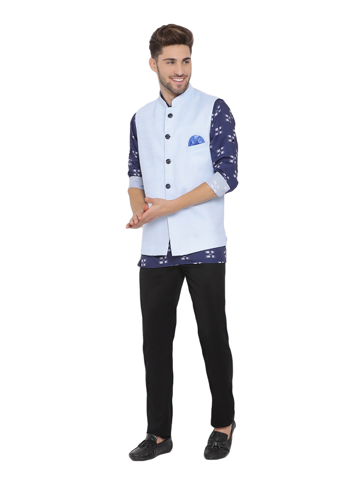Hangup Blue Linen Regular Fit Printed Kurta Bottom & Jacket Set