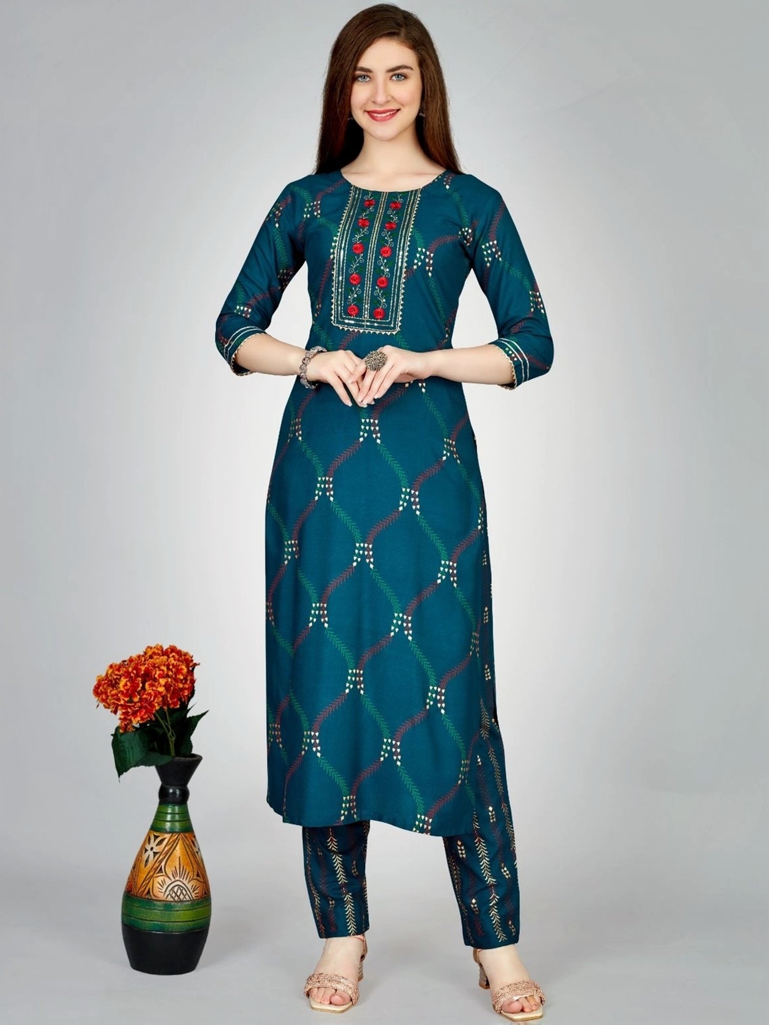 Odette Blue Embroidered Kurta Pant Set