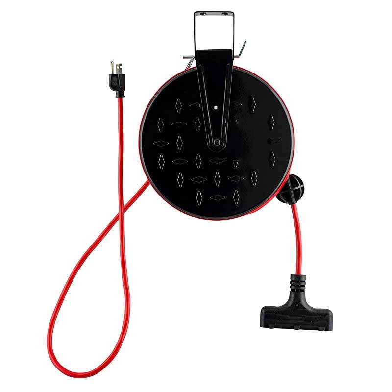 30 ft Retractable Extension Cord Reel Ceiling or Wall Mount 16 gauge Red and Black