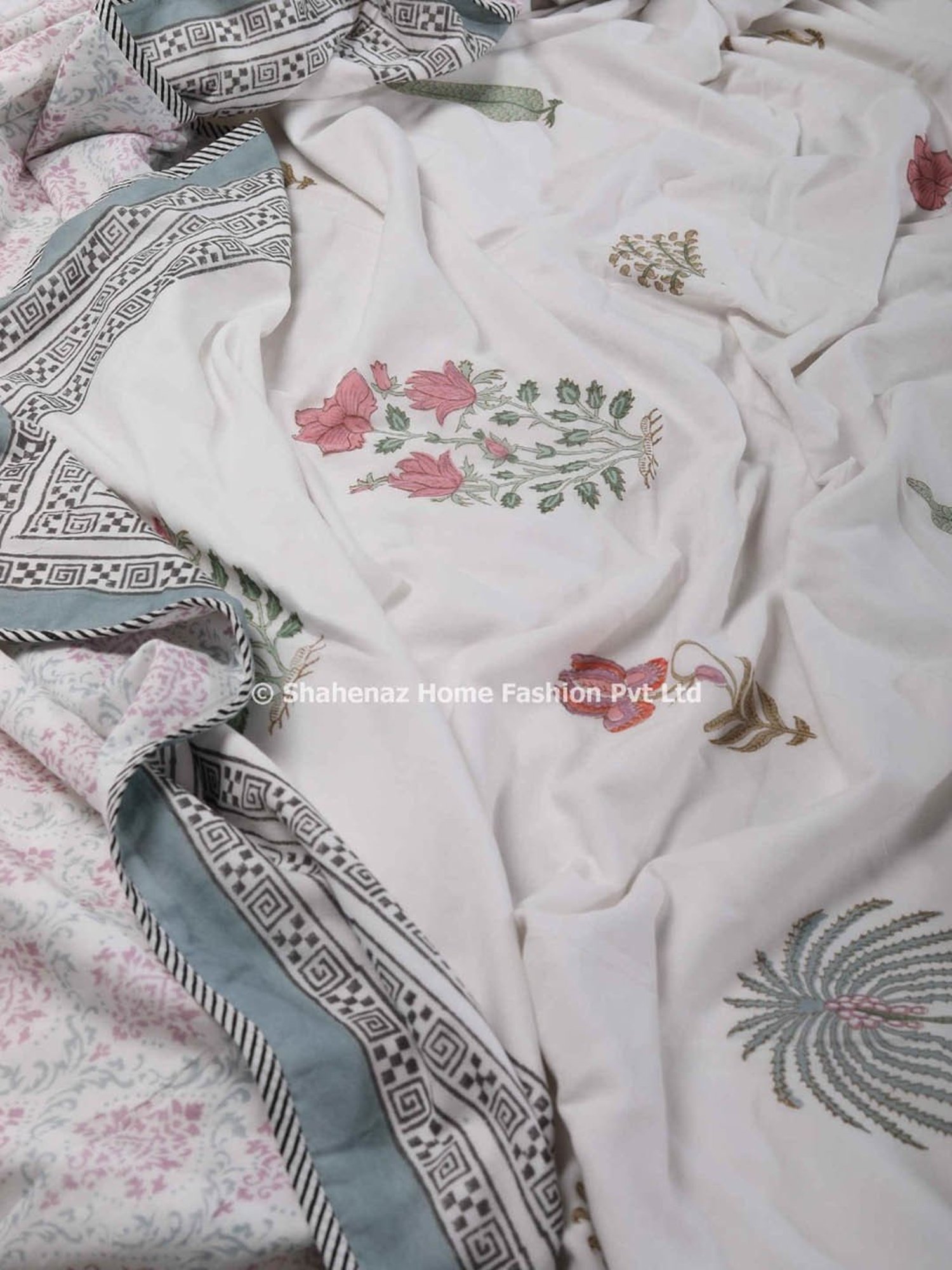 Haus & Kinder Cambric Floral Green & Yellow Cotton Single Reversible Dohar