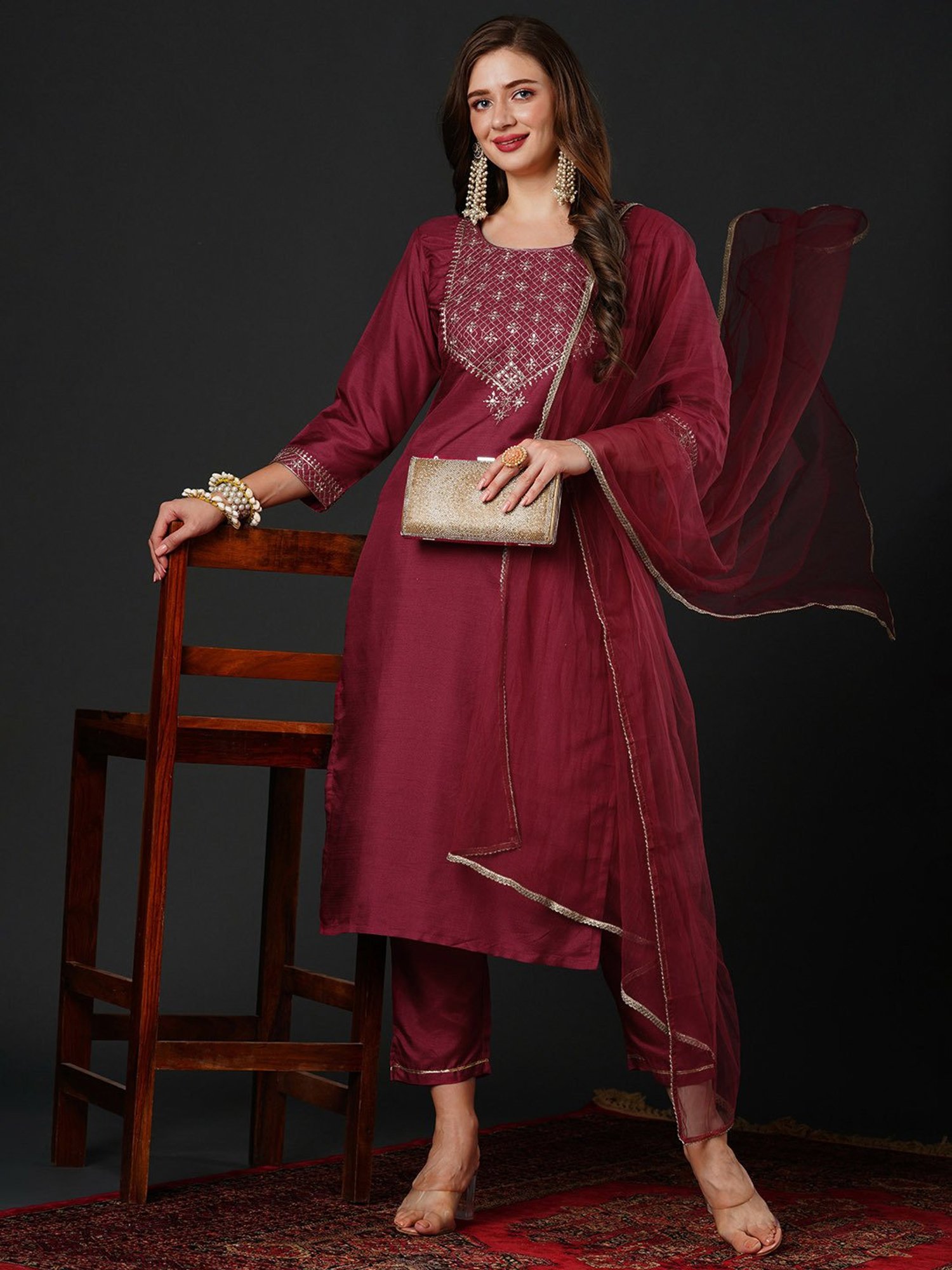 Indo Era Wine Embroidered Kurta With Pant & Dupatta