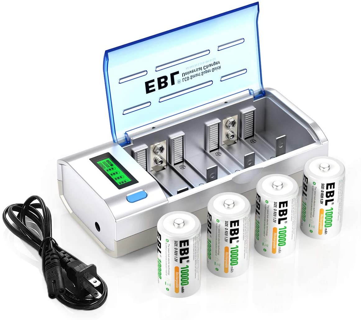 EBL 2Pcs D Cells 10000mAh Rechargeable Batteries with C D 9V AA AAA Battery Charger