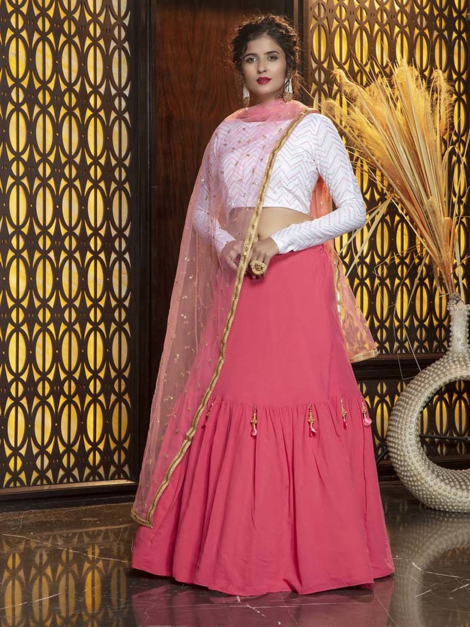 SHUBHKALA Pink & White Lehenga Choli Set With Dupatta