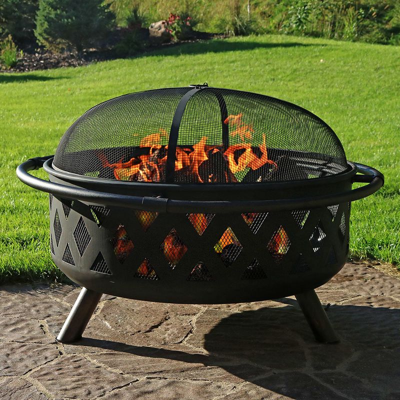 Sunnydaze Outdoor Camping or Backyard Round Crossweave Cut Out Fire Pit with Spark Screen, Log Poker, and Cover - 36"