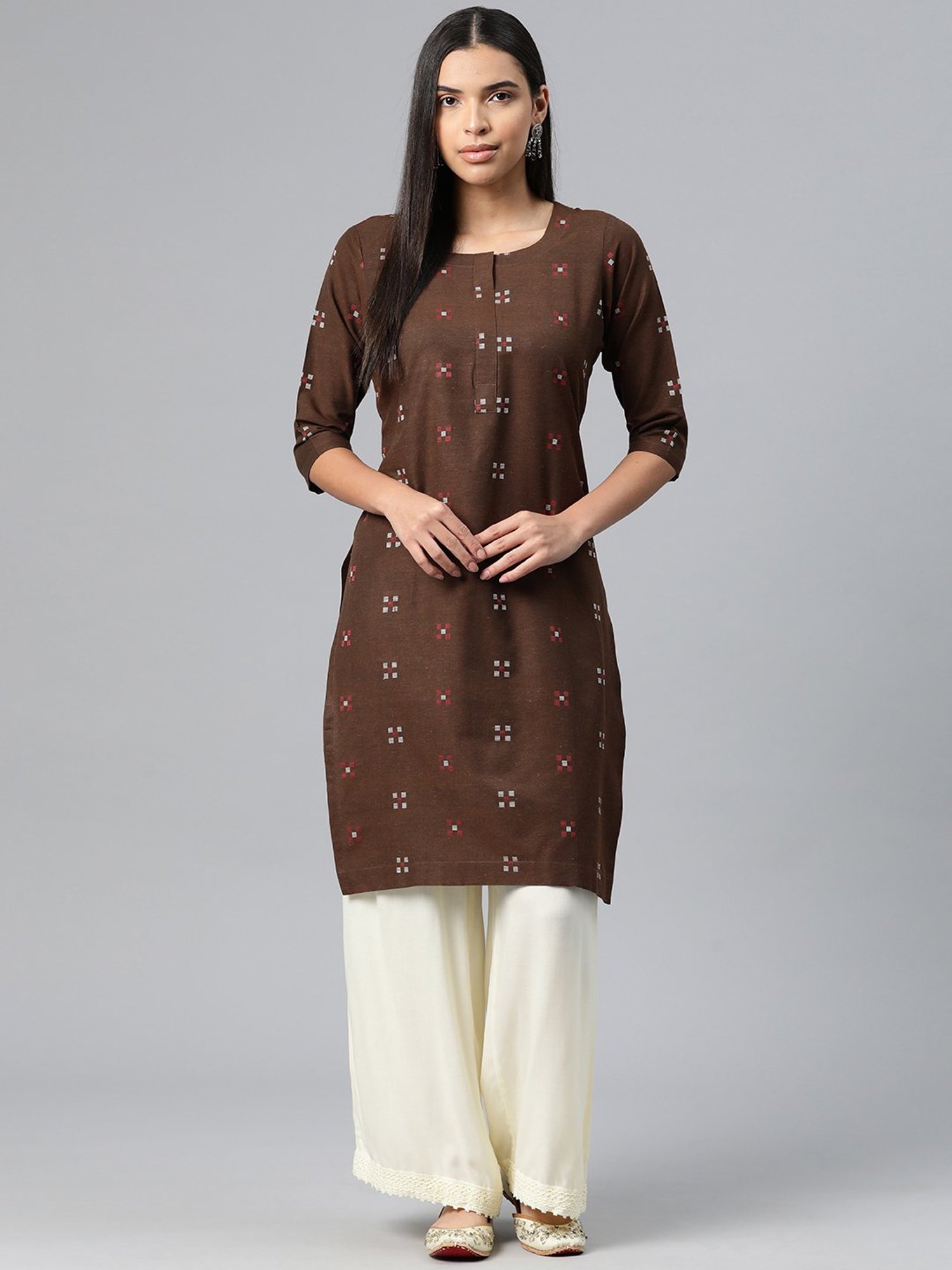 One Femme Brown Cotton Self Design A Line Kurti