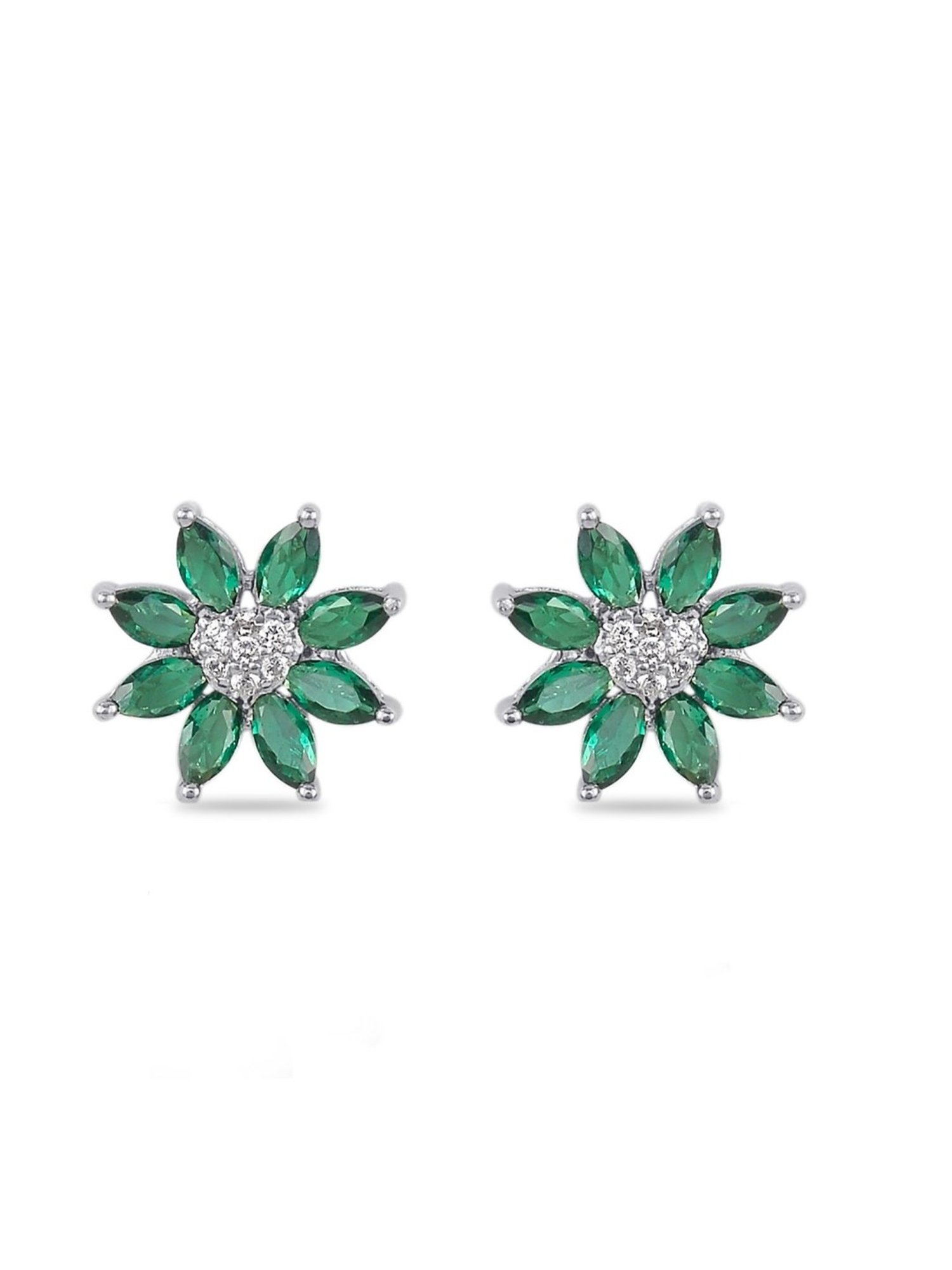 925 Silver Marquise Green Emerald and American Diamond Flower Stud Earrings for Women & Girls