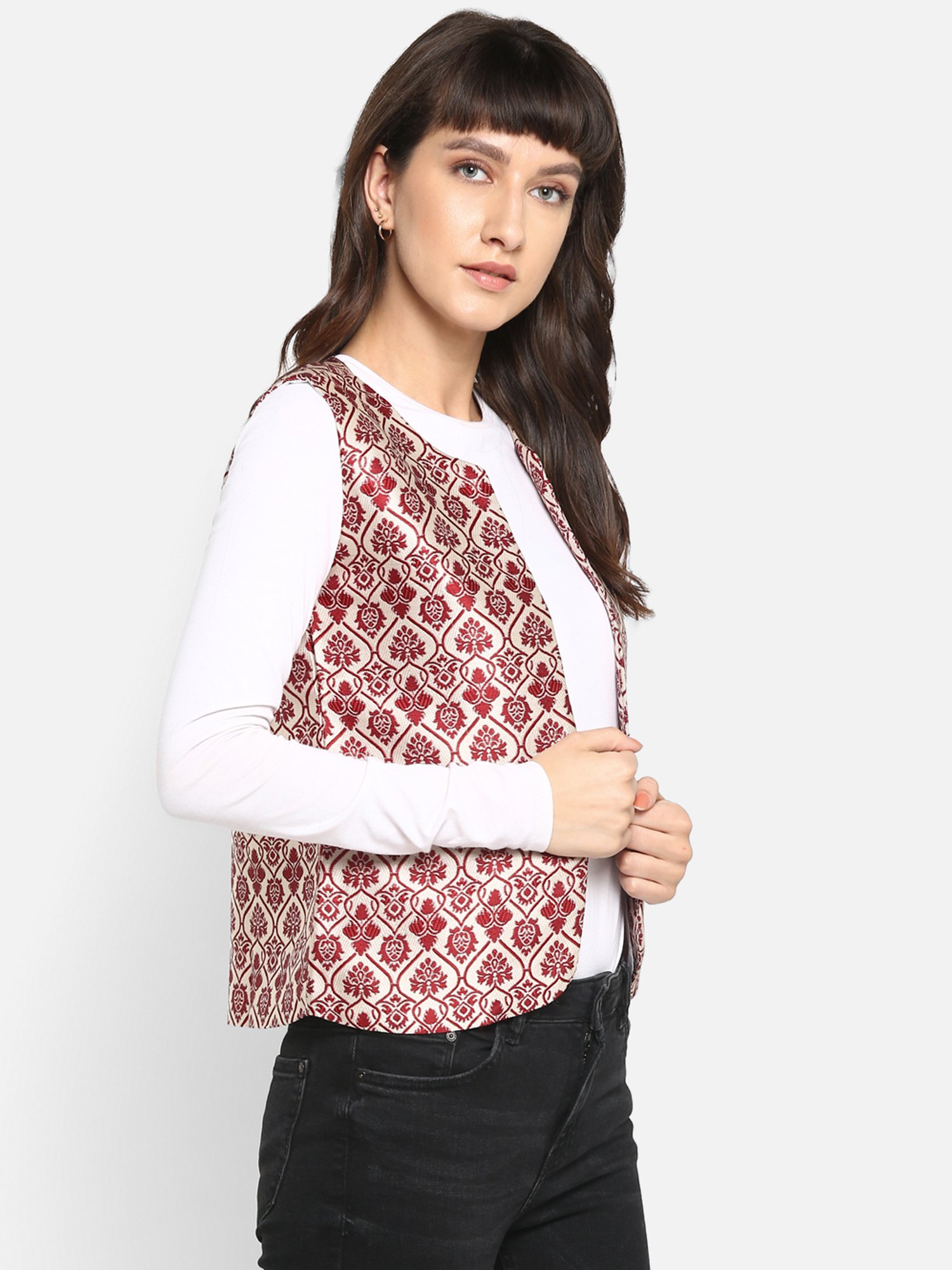 Hangup Maroon Jacquard Pattern Shrug