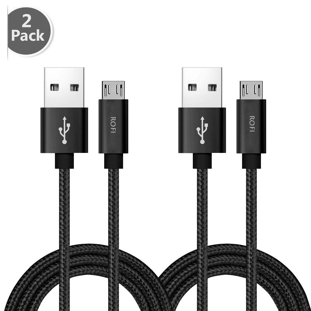 RoFI Micro USB Cable, [2Pack] 1.8M Samsung Charger, Nylon Braided Micro USB Charger, High Speed USB 2.0 A to Micro B Charging Cord Universal for HTC, S6, Kindle, Android, and More (Black, 6 Feet)