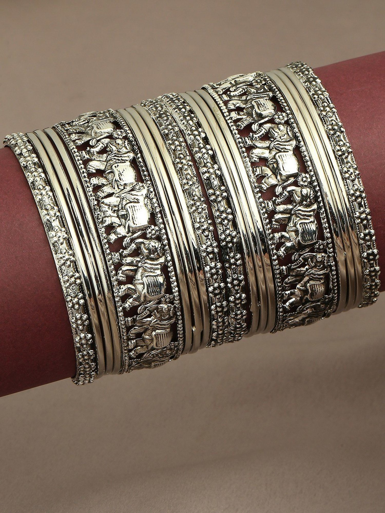 Oomph Oxidized Silver Elephant Design Classic Bangles - Set of 18
