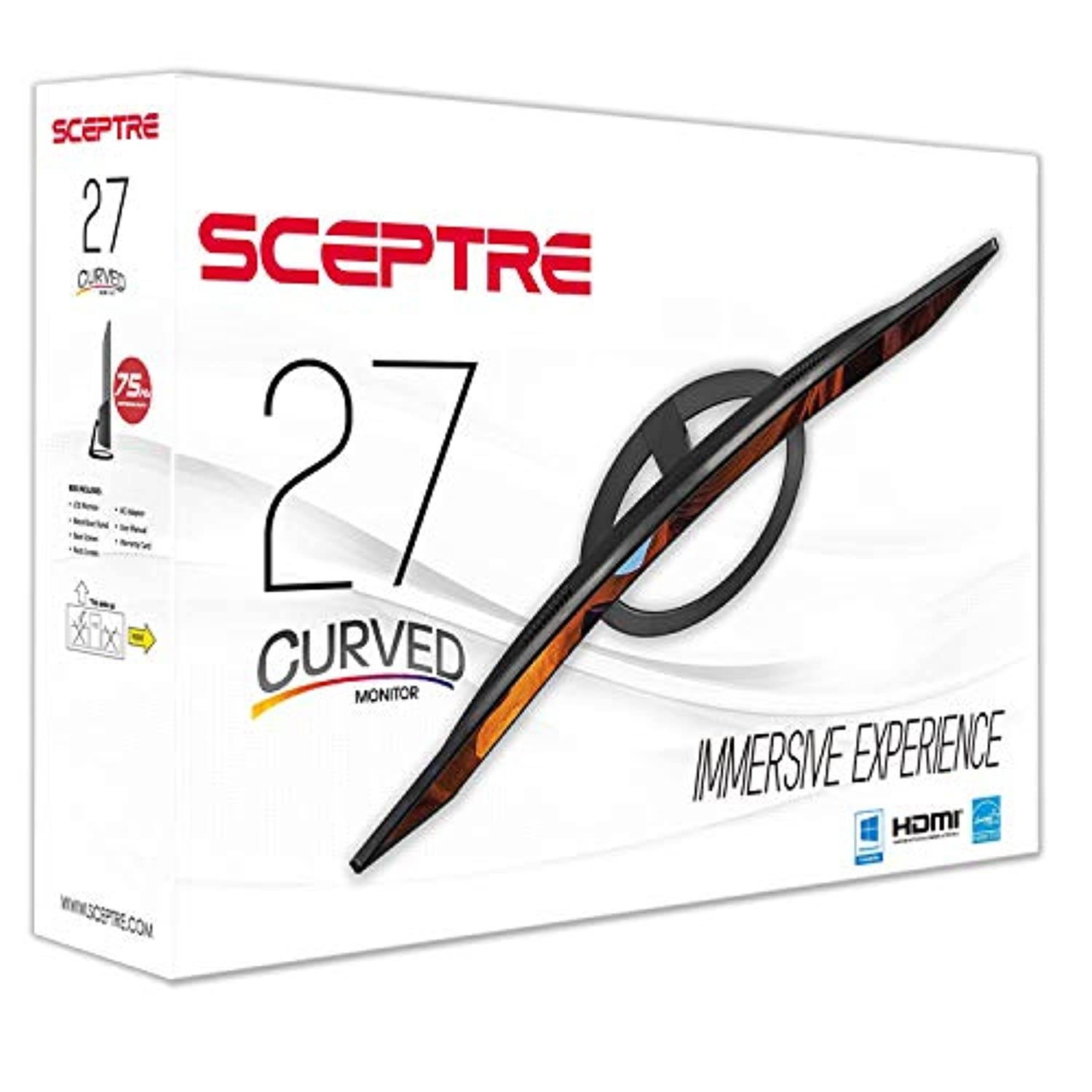 Sceptre 27" Curved 75Hz LED Monitor C278W-1920R Full HD 1080P HDMI DisplayPort VGA Speakers, Ultra Thin Metal Black, 1800R immersive curvature, 2018,Metallic Black (C278W-1920R)
