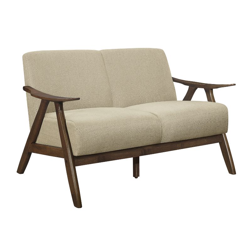 Lexicon 1138BR-2 Damala Collection Retro Inspired Love Seat Couch, Polyester Fabric, Walnut Frame, Light Brown