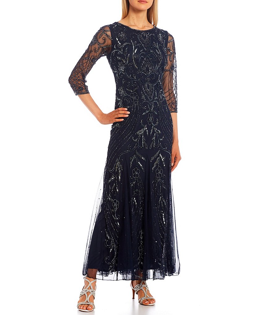 Pisarro Nights 3/4 Sleeve Jewel Neck Long Mesh Beaded Gown With Godets