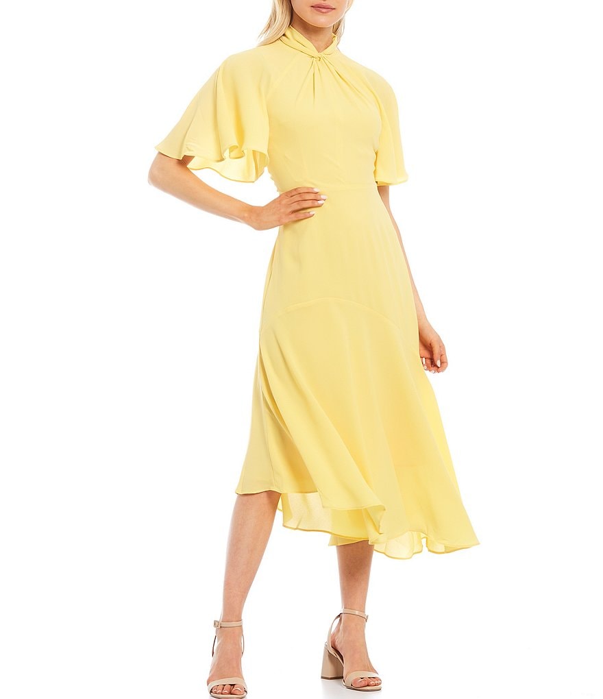Maggy London Asymmetrical Crepe Midi Stretch Dress