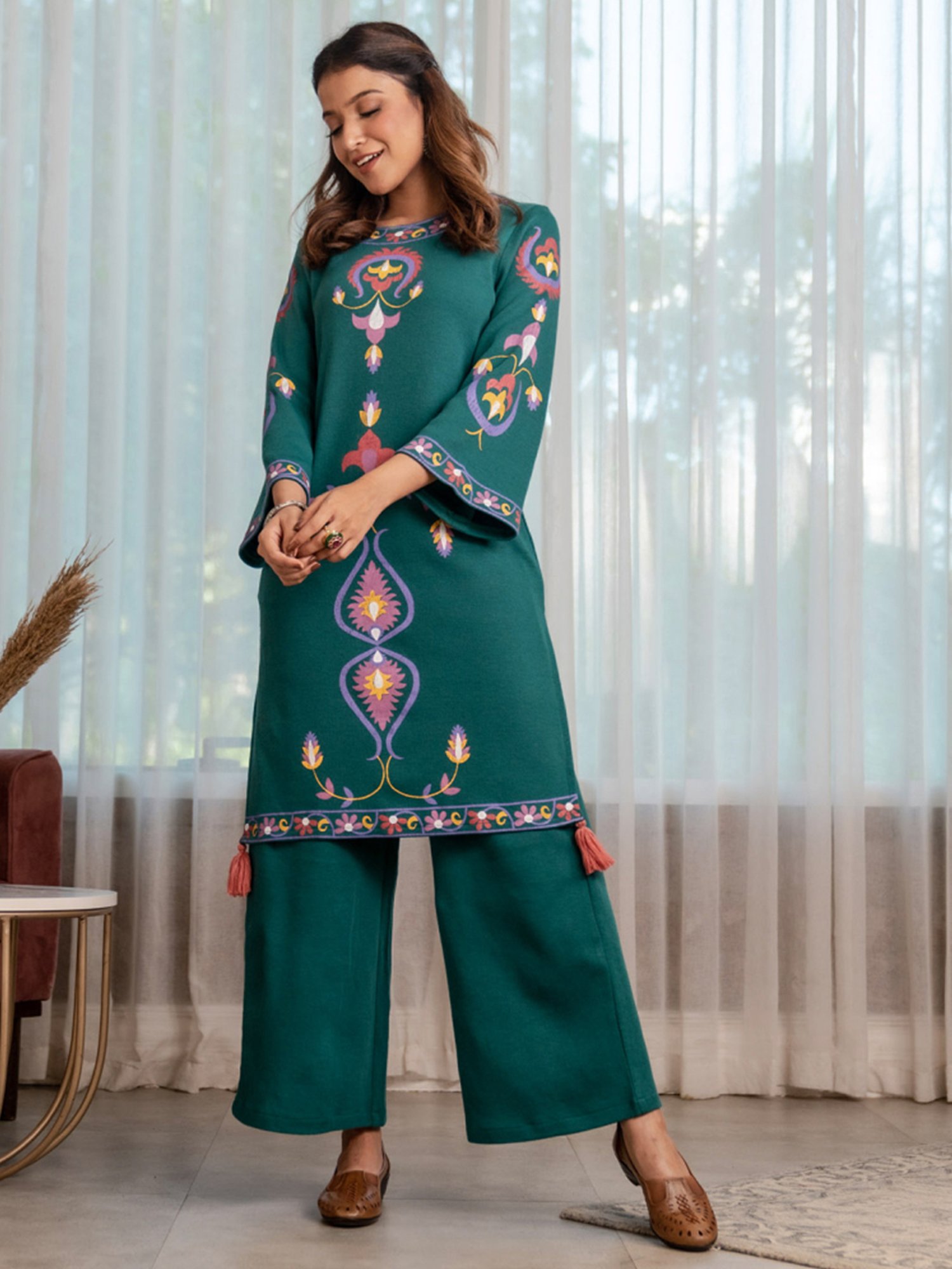 Rustorange Green Printed Straight Kurta