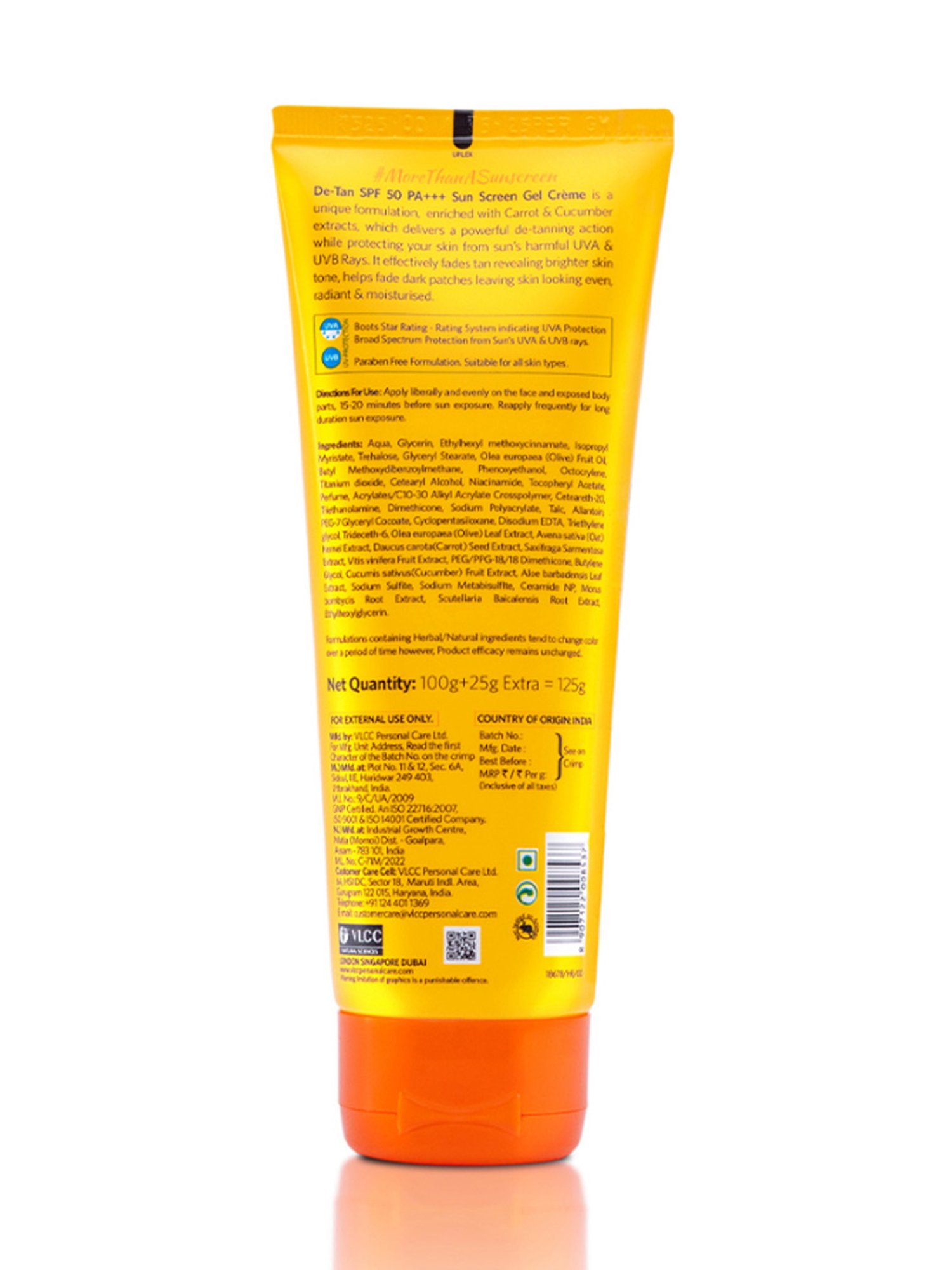 VLCC De Tan Sunscreen Gel Creme SPF 50 PA+++ - 100 gm + 25 gm Extra