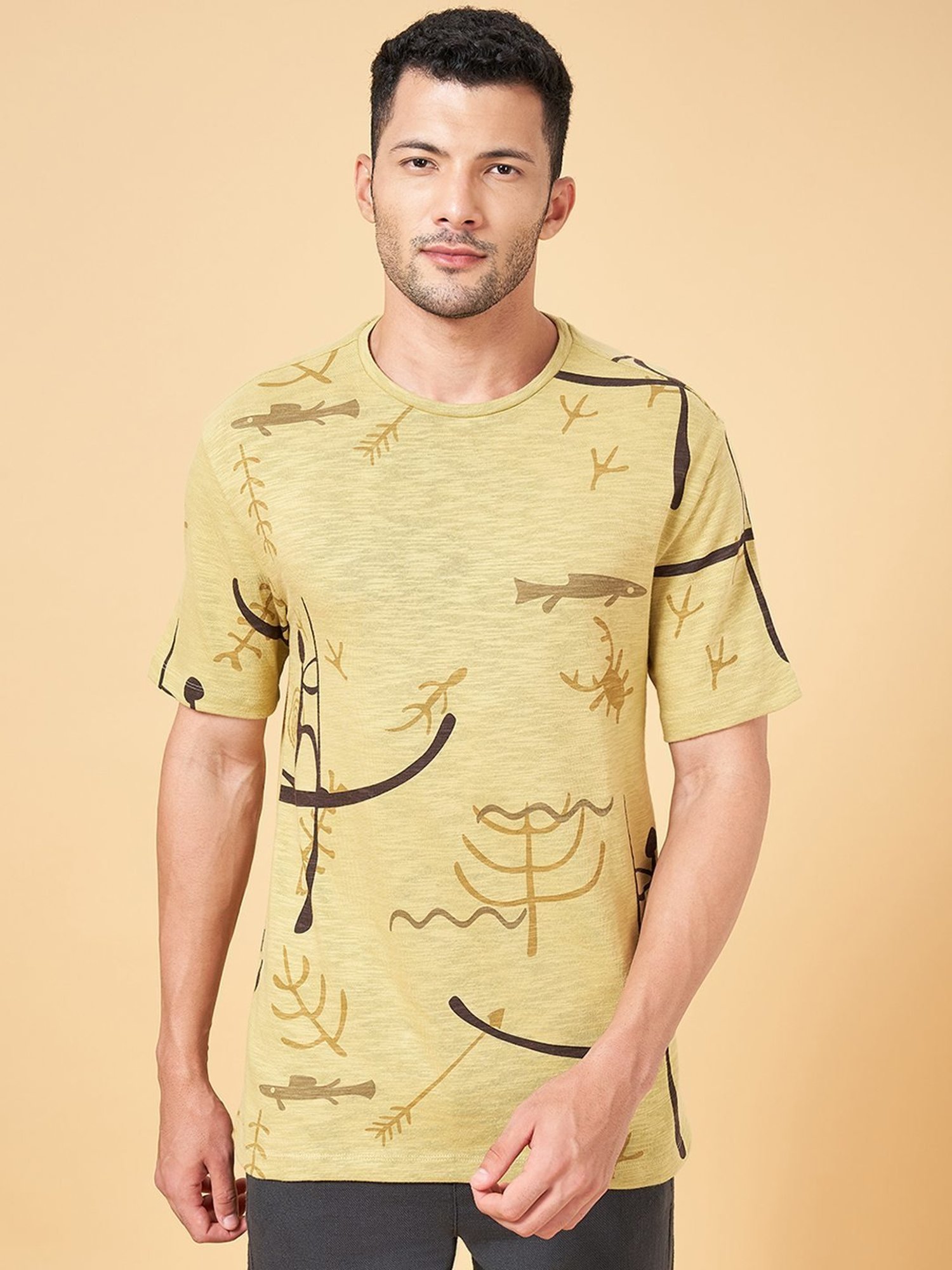 7 Alt By Pantaloons Olive Cotton Relaxed Fit Printed T-Shirt