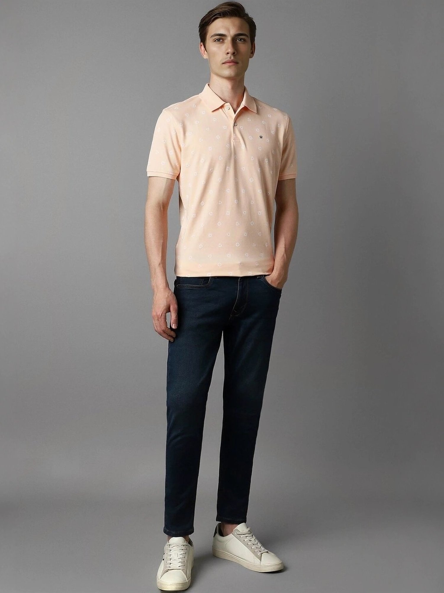 Louis Philippe Peach Cotton Slim Fit Printed Polo T-Shirt