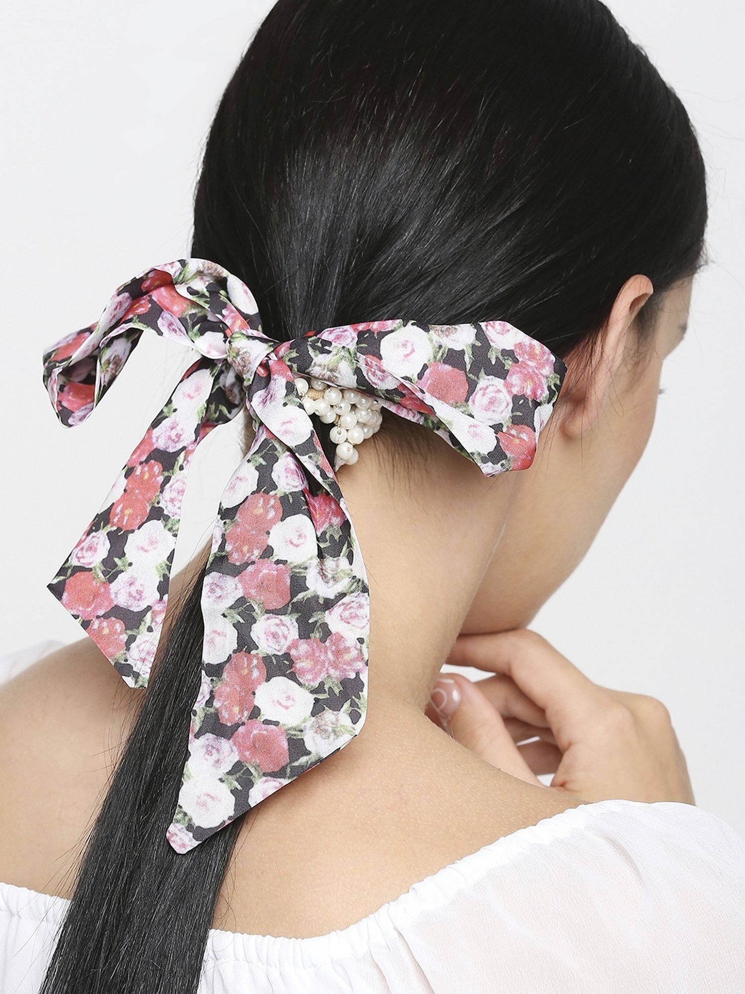 OOMPH Pink Satin & Pearls Hair Tie Scarf Scrunchy