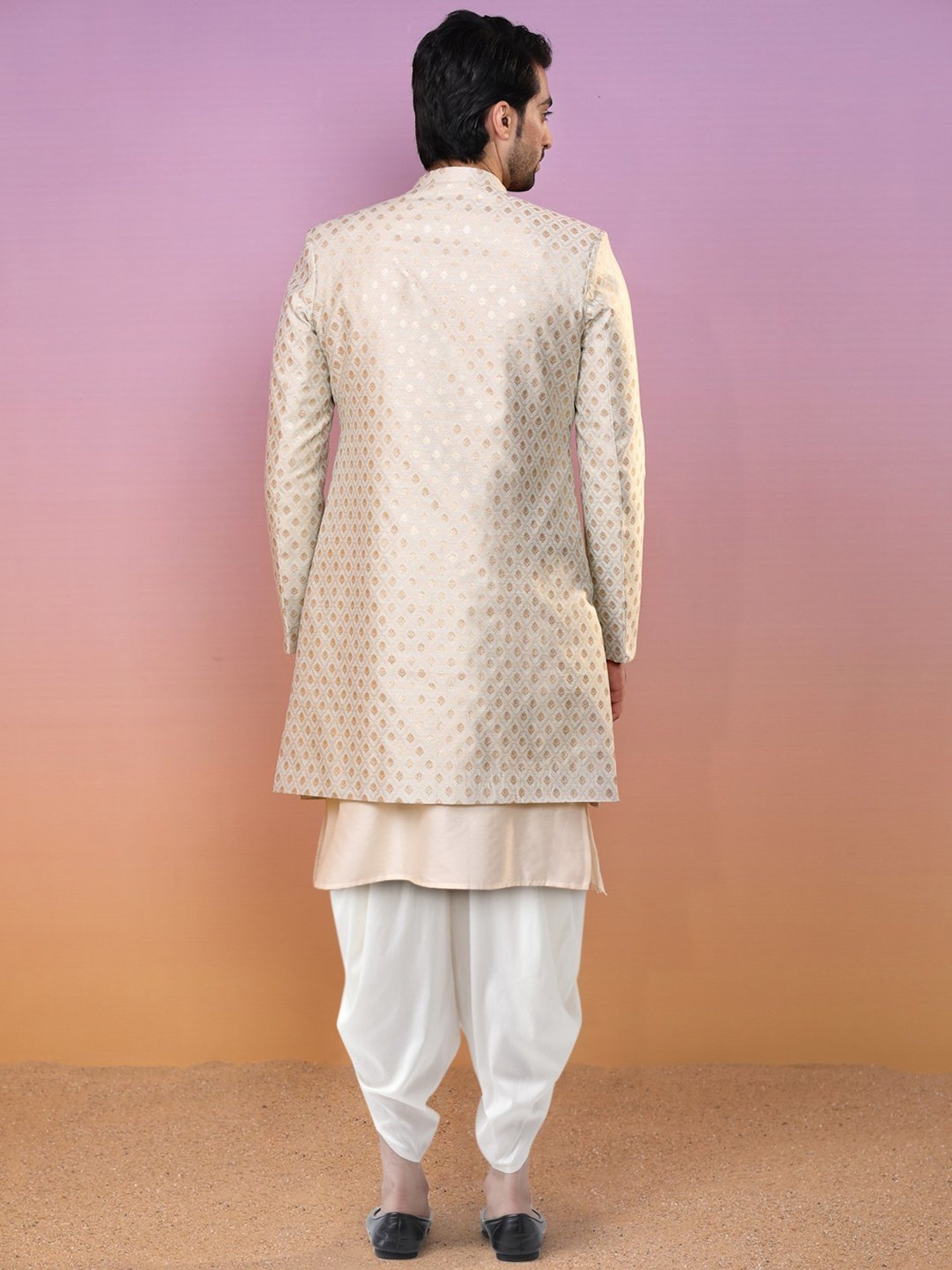 Kisah Beige & White Regular Fit Jacquard Sherwani Set