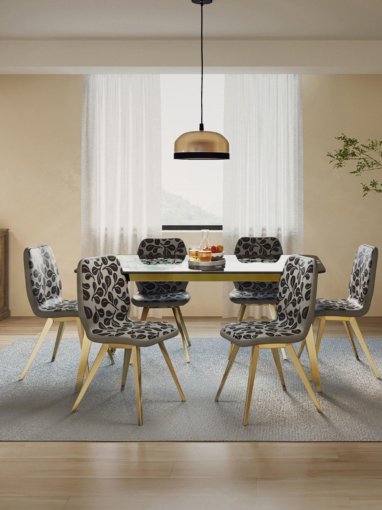Godrej Interio Aurelia Grey & Yellow Tempered Glass 6 Seater Rectangular Dining Table