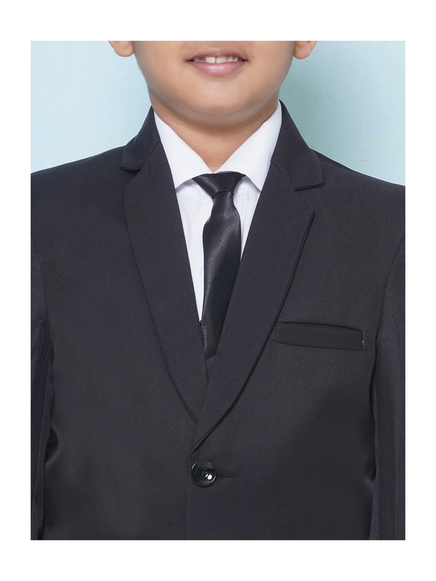 AJ Dezines Kids Sky Blue & Black Solid Full Sleeves Shirt, Pants, Coat, Waistcoat with Tie