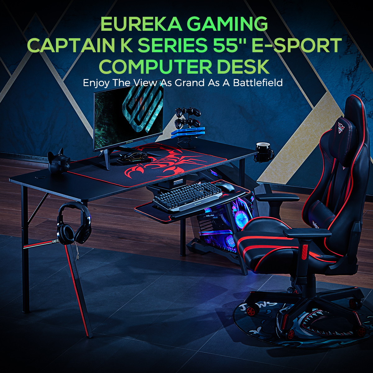 EUREKA ERGONOMIC Gaming Desk 55" K Shaped Large Home Office Gaming Computer Table, with Controller Stand Cup Holder Headphone Hook Free Mousepad, Black