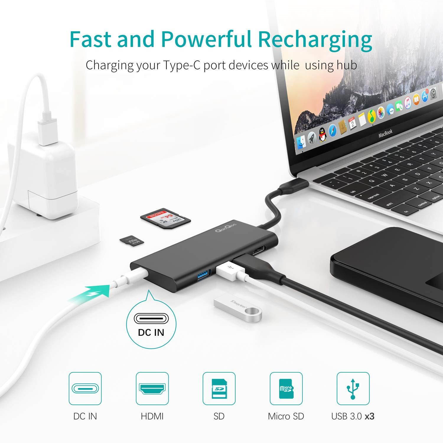 USB C Hub QacQoc 7-in-1 Type C Hub with PD Power Delivery, 4K USB C to HDMI, SD Card Reader, 3 USB 3.0 Ports for MacBook Pro and Type C Windows Laptops(Black)