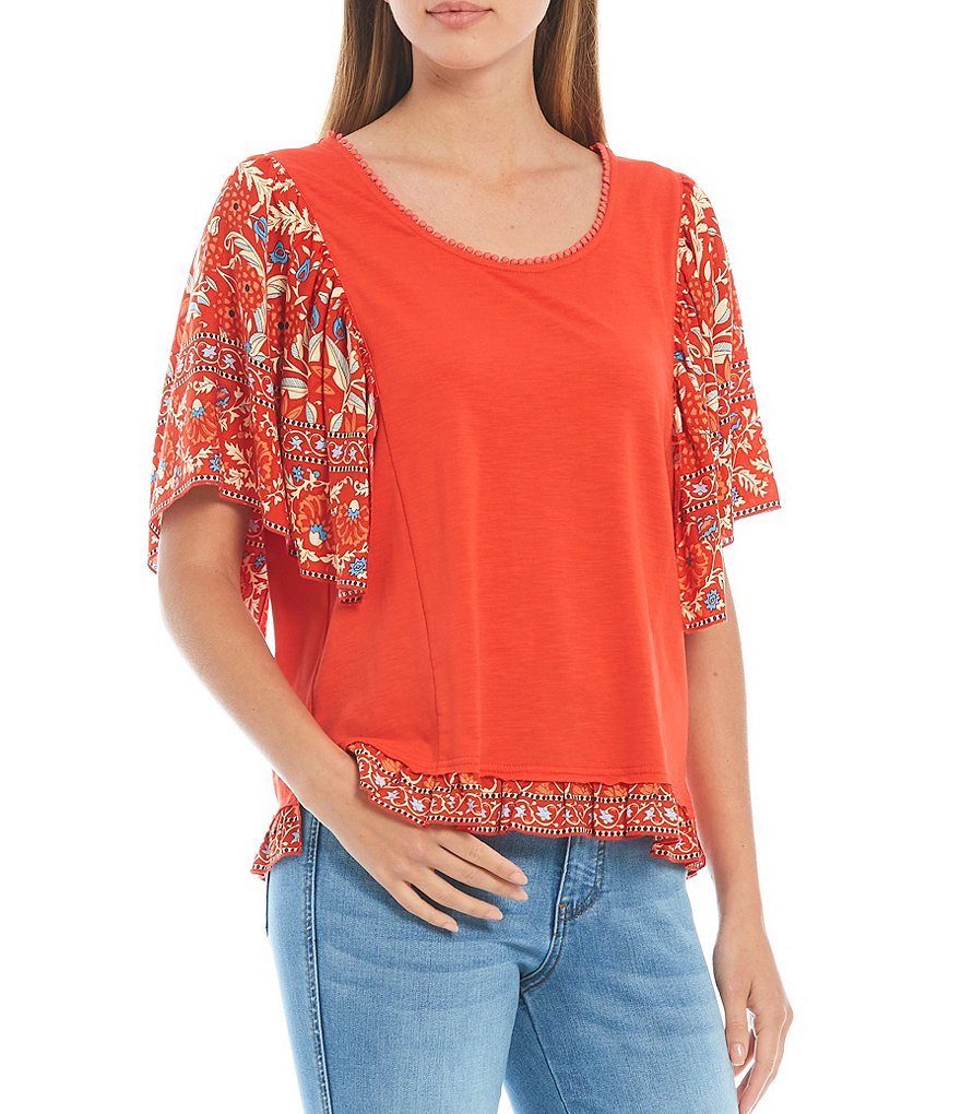 Tru Luxe Jeans V-Neck Jersey Knit Border Print Top