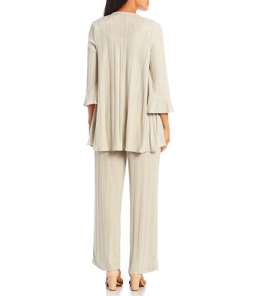 R & M Richards Pleated Foil Knit Flyaway 3/4 Sleeve Scoop Neck Jacket 3-Piece Pantsuit