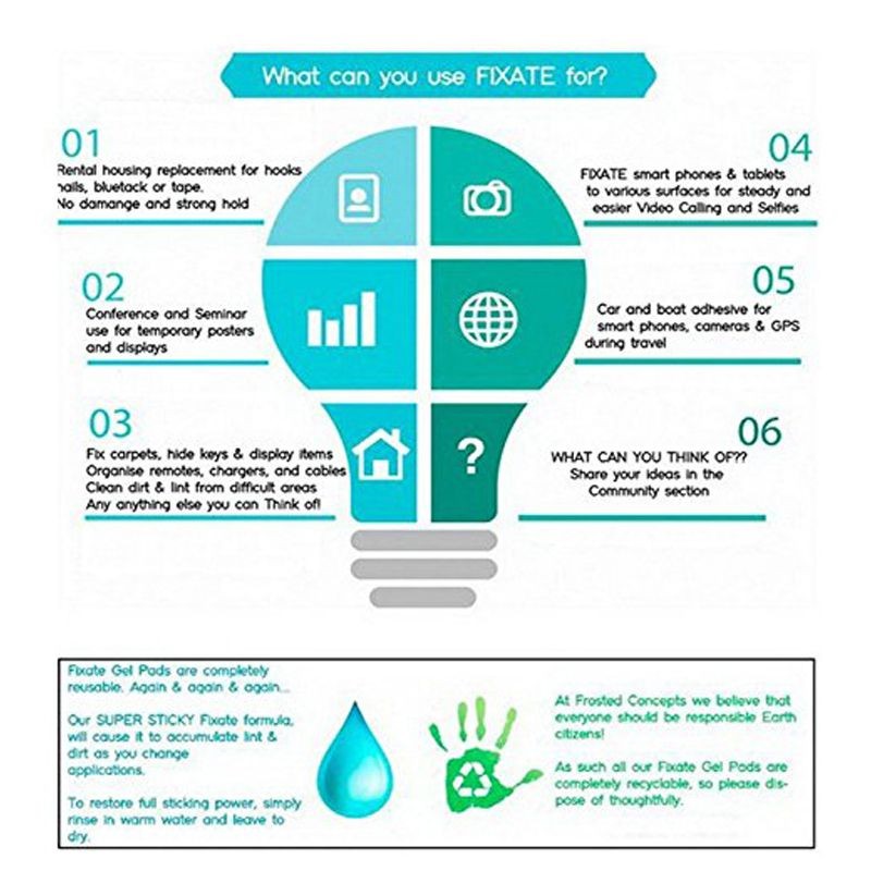 High Quality Fixate Sticky Anti-Slip Gel Pads Cushion [4 Pack], for Use on Glass Mirrors, Whiteboards, Metal Cupboards or tiles, Car GPS and more