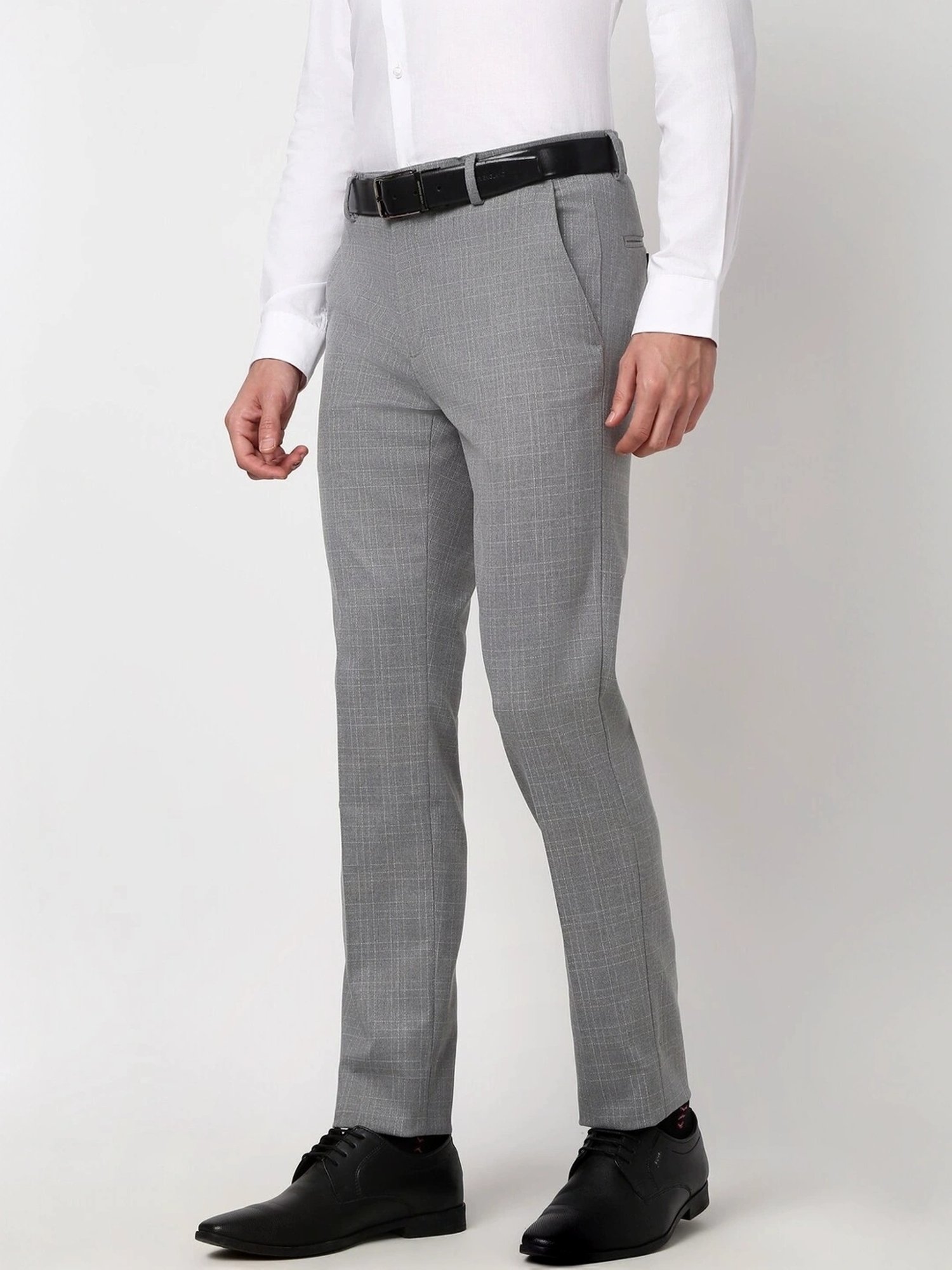Peter England Grey Slim Fit Checks Trousers