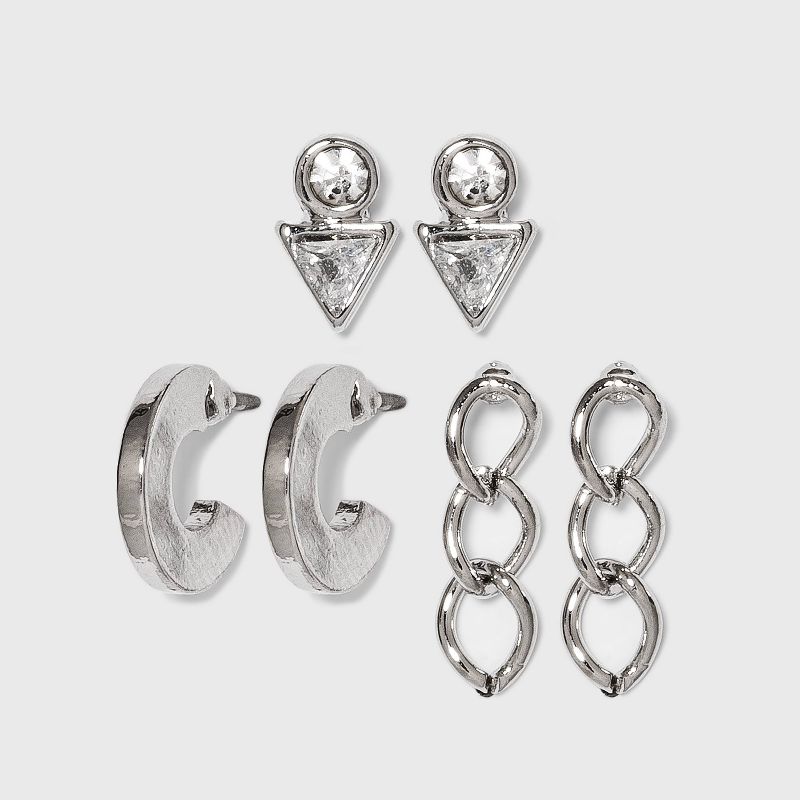 Crystal Earring Set 3pc - A New Day™ Silver