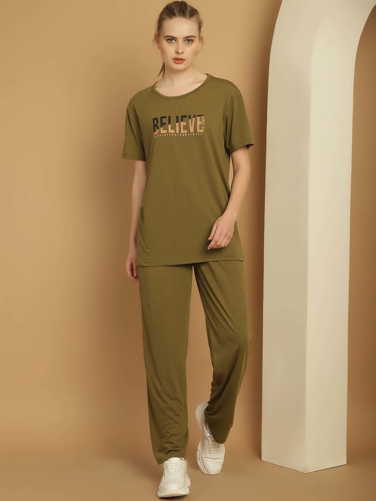 Vimal Jonney Olive Green Cotton Printed Sports T-Shirt Track Pant Set