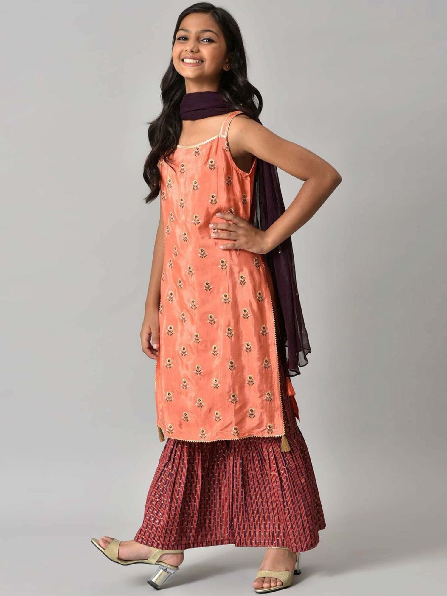 Aurelia Kids Orange & Maroon Floral Print Kurta Set