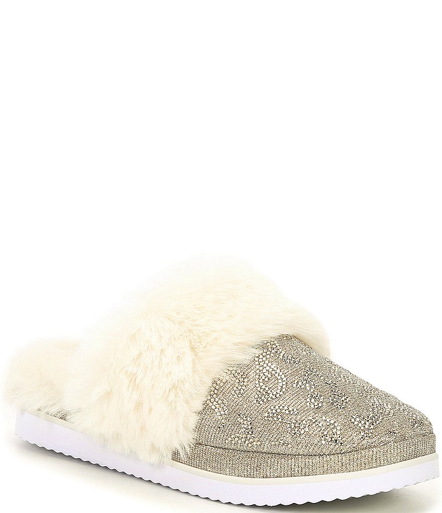 Gianni Bini Comfiee Leopard Print Rhinestone Embellished Faux Fur Slippers