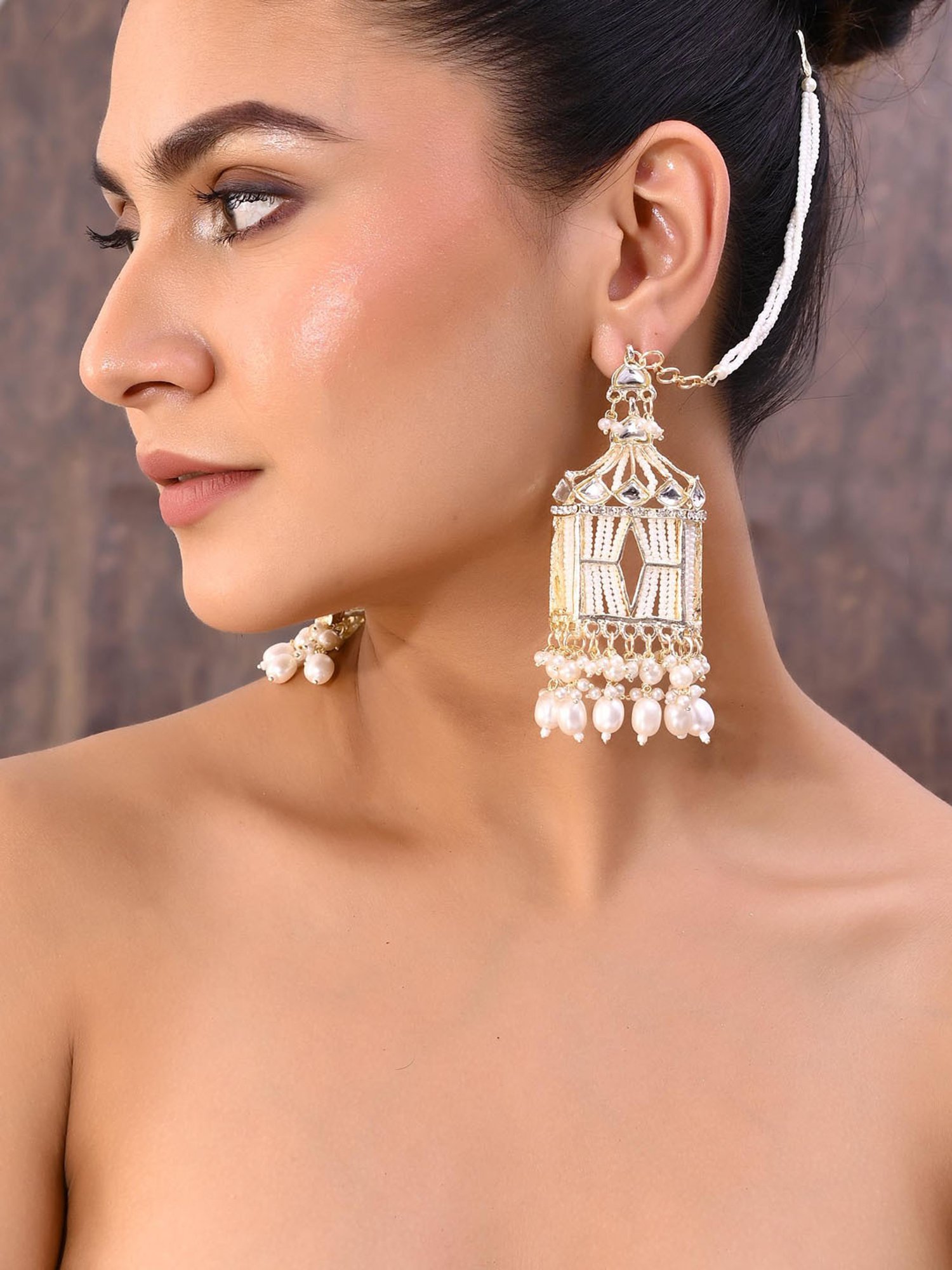 VOJ Gold Plated Handcrafted Pearls Beaded Chandbali Earrings with Kan Chain for Women