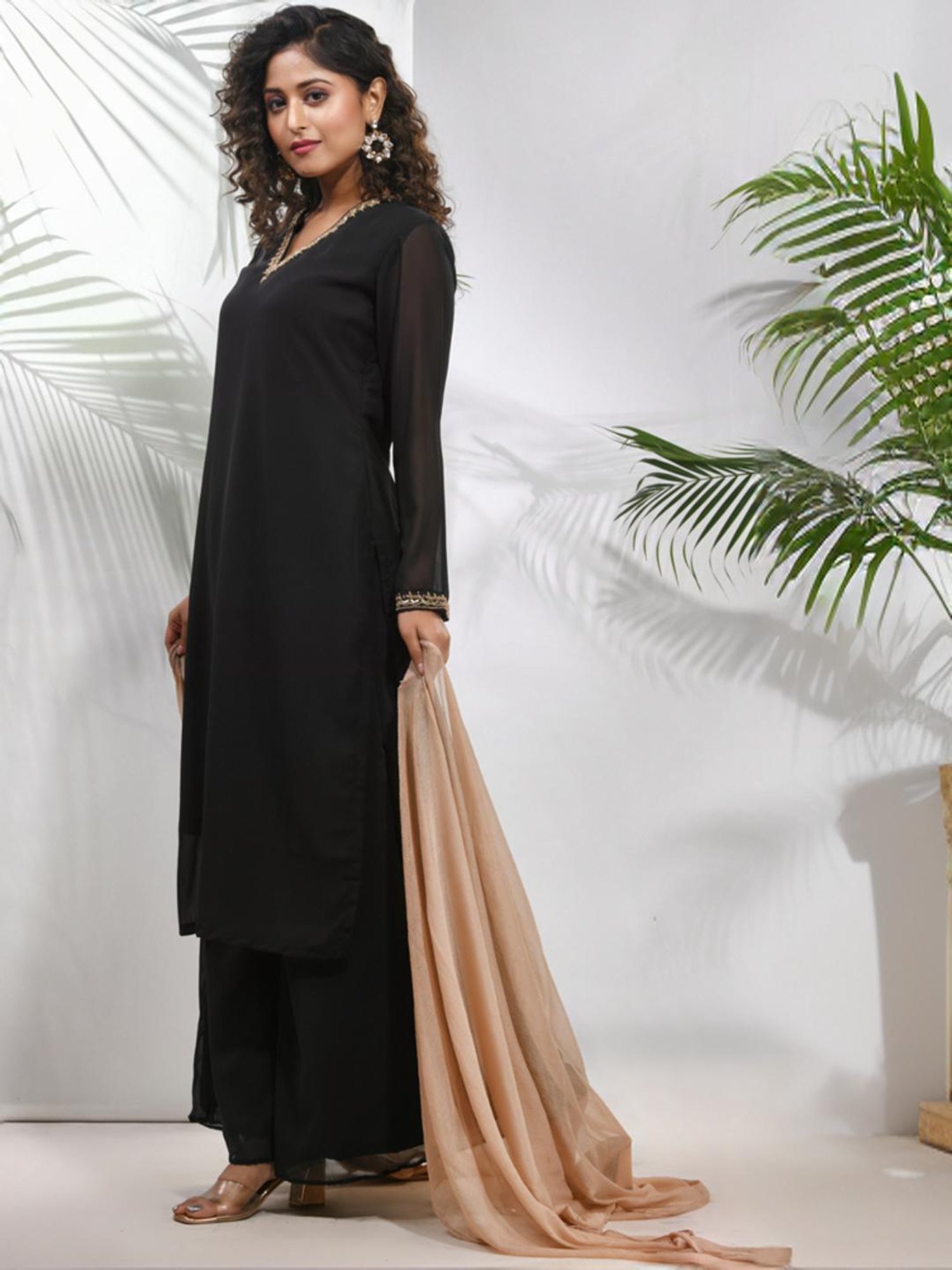 Charukriti Black Embellished Kurta Palazzo Set With Dupatta
