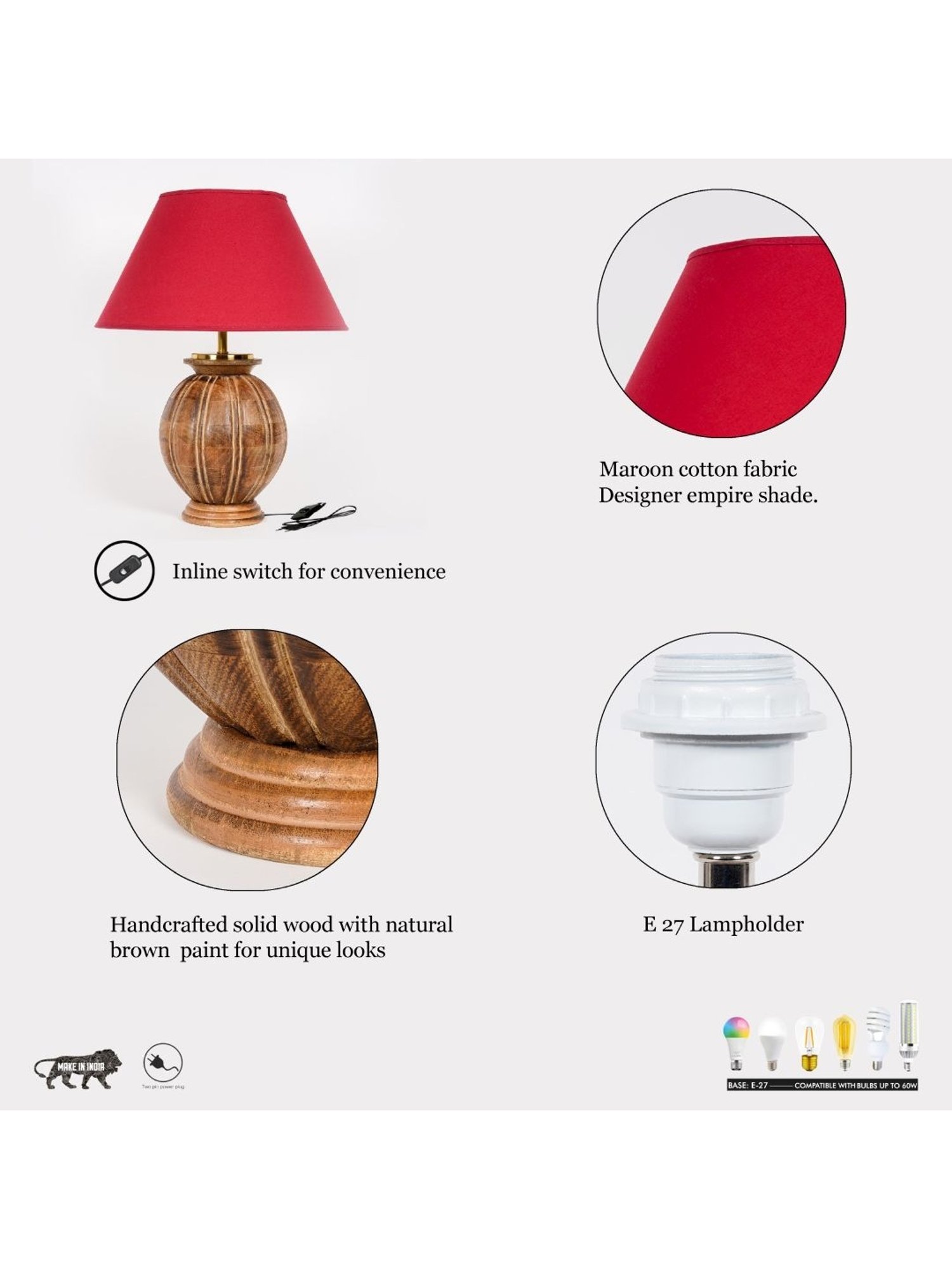 Kapoor Lamp Shades Natural Wood & Red Wood Astros Carved Cotton Shade Table Lamp