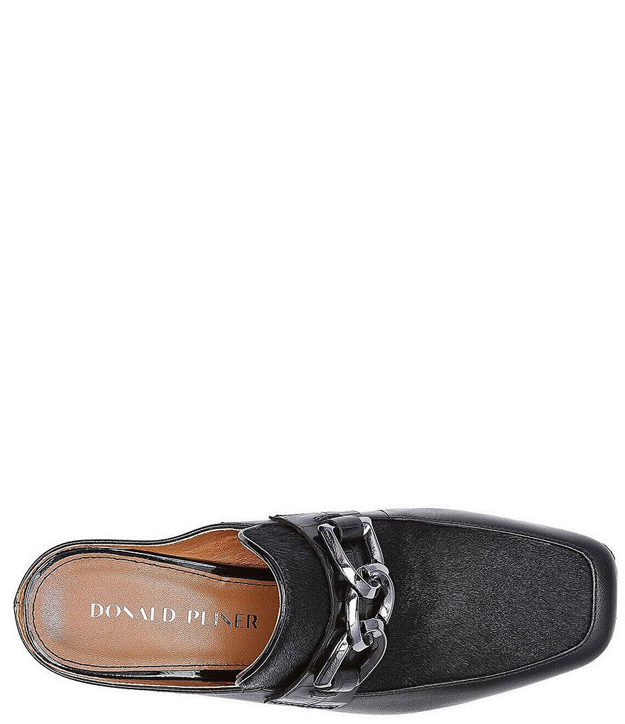 Donald Pliner Caape Leather Calf Hair Croco Heel Chain Strap Mules