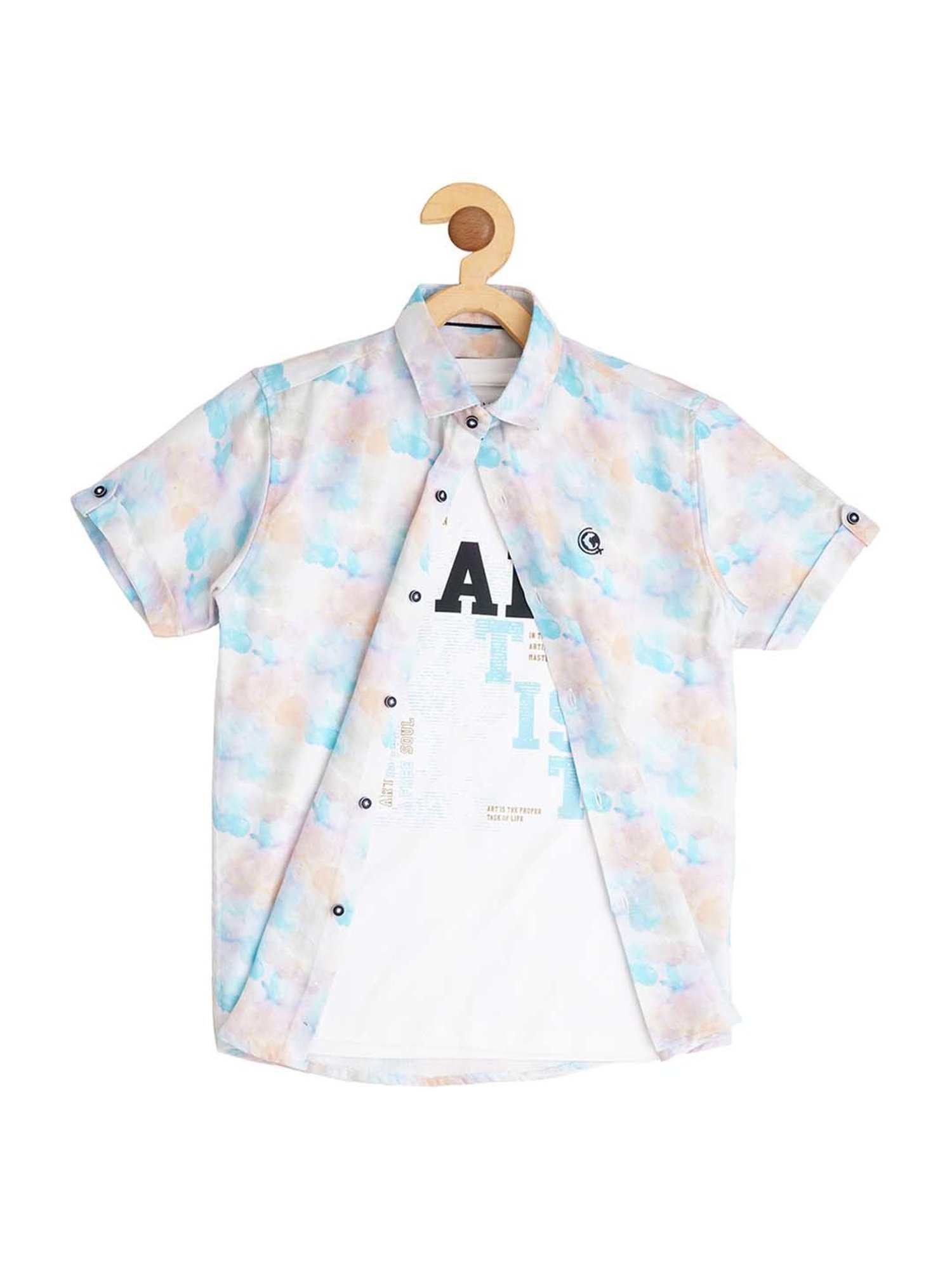 Cavio Kids Blue & White Cotton Printed Shirt with T-Shirt