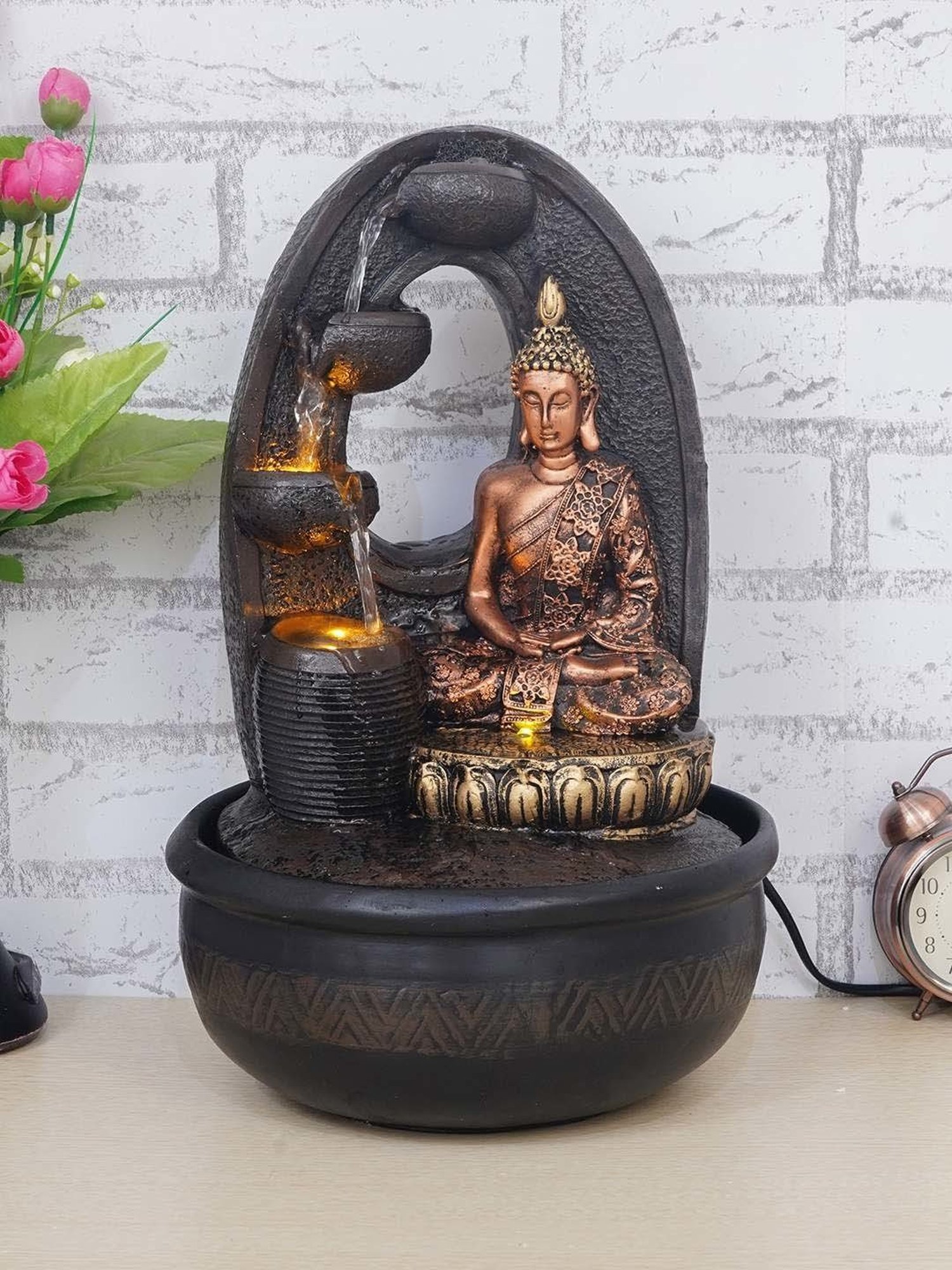 CHRONIKLE Brown & Golden Polyresin Meditating Buddha 4 Steps Waterfall Fountain