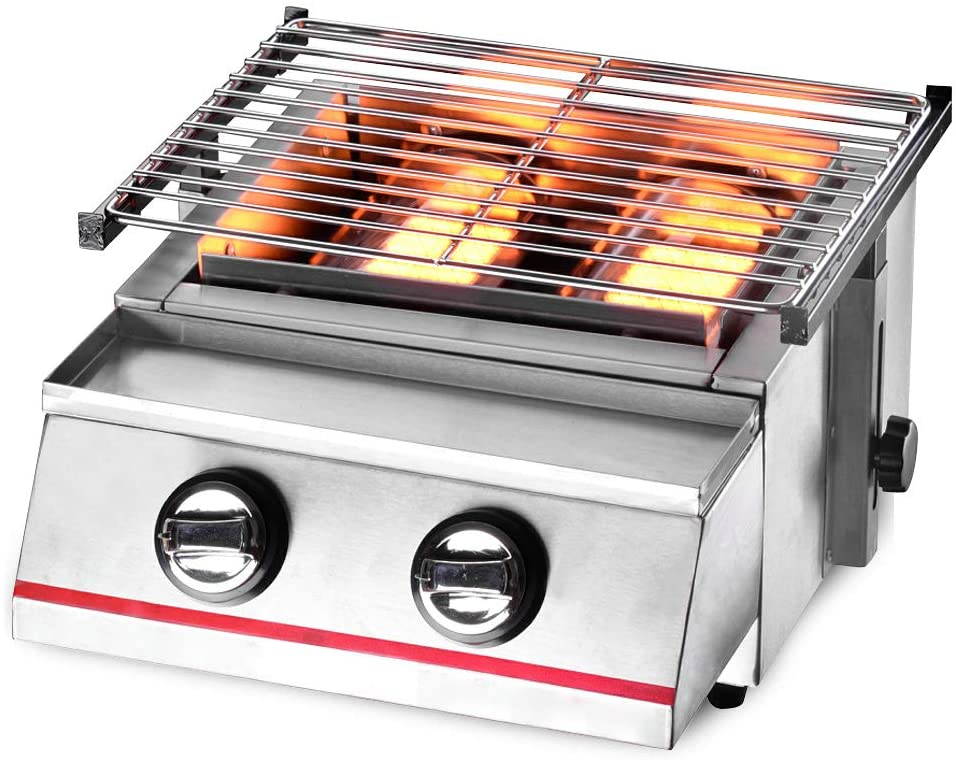 LOYALHEARTDY Small 2-head Stainless Steel Silver Gas Smokeless Grill Non-stick Pan with Steel Lid