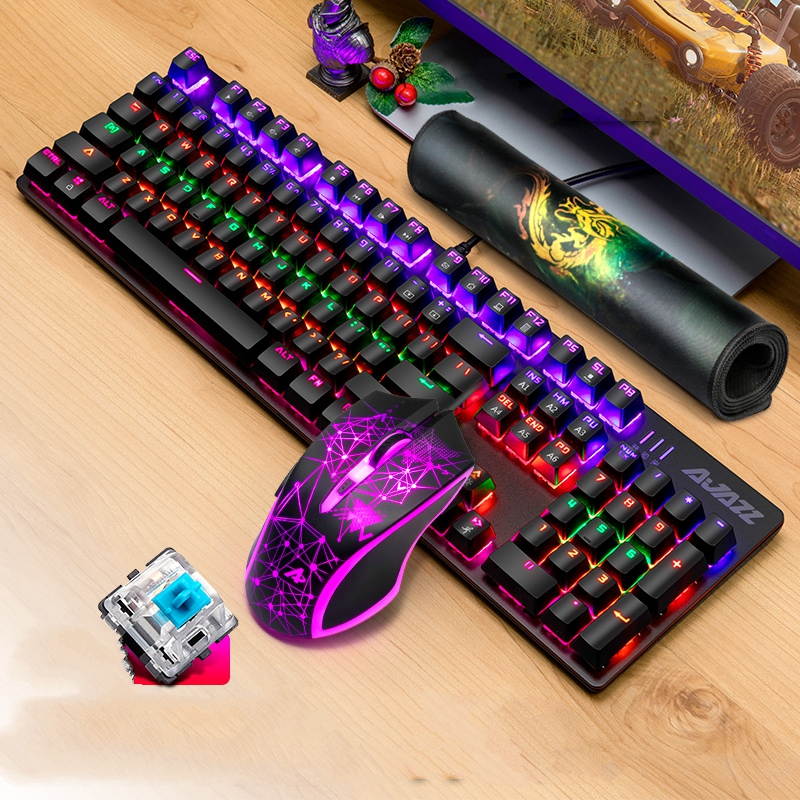 Ajazz AJ119  26 Anti-ghosting Keys, Ergonomic Design, Cool Exterior USB Wired Black Mechanical Green Color Backlit LED Keyboard And 2400DPI  Mouse Combo For Office And Game-Black